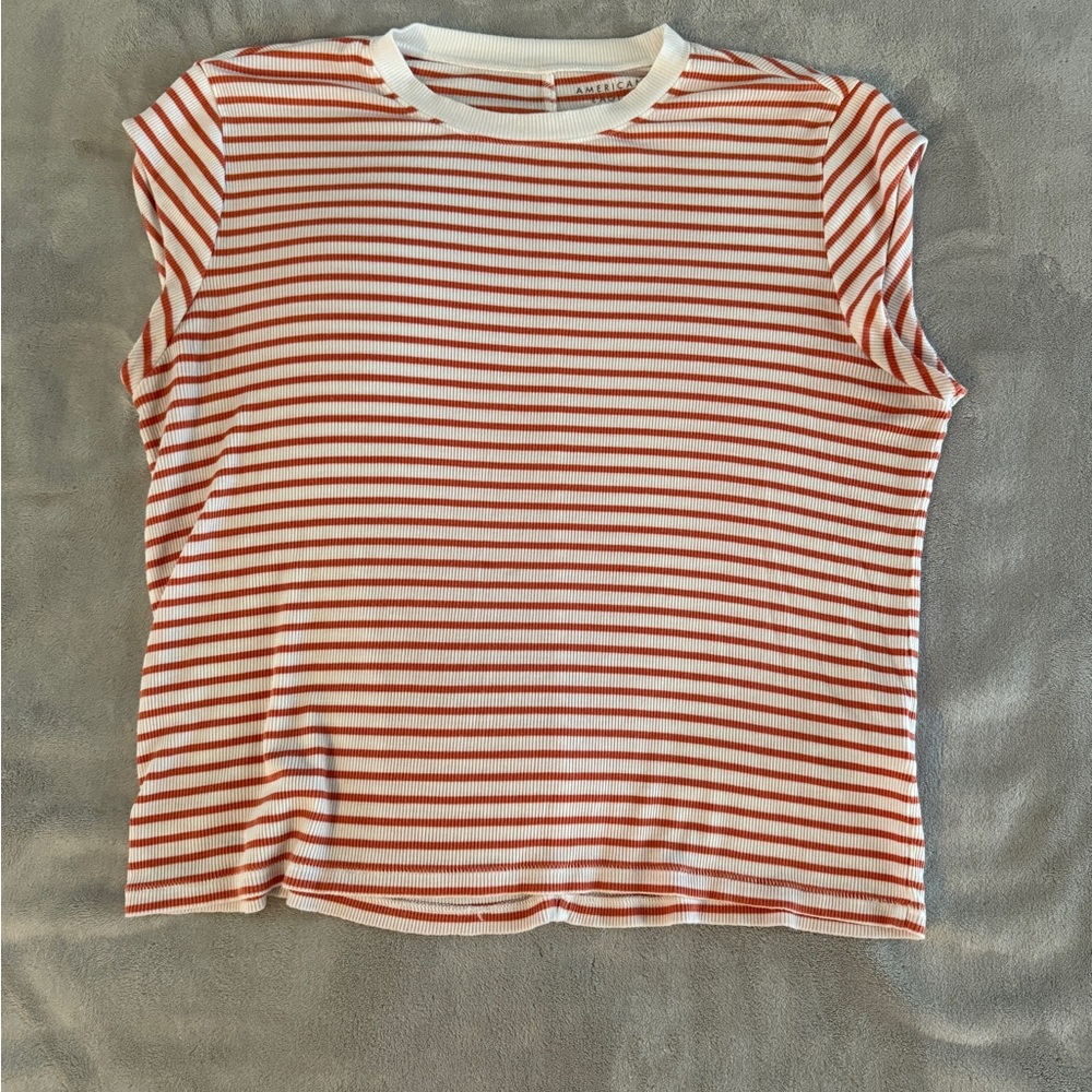 American Eagle Outfitters Orange and White Striped Tee Cap sleeves